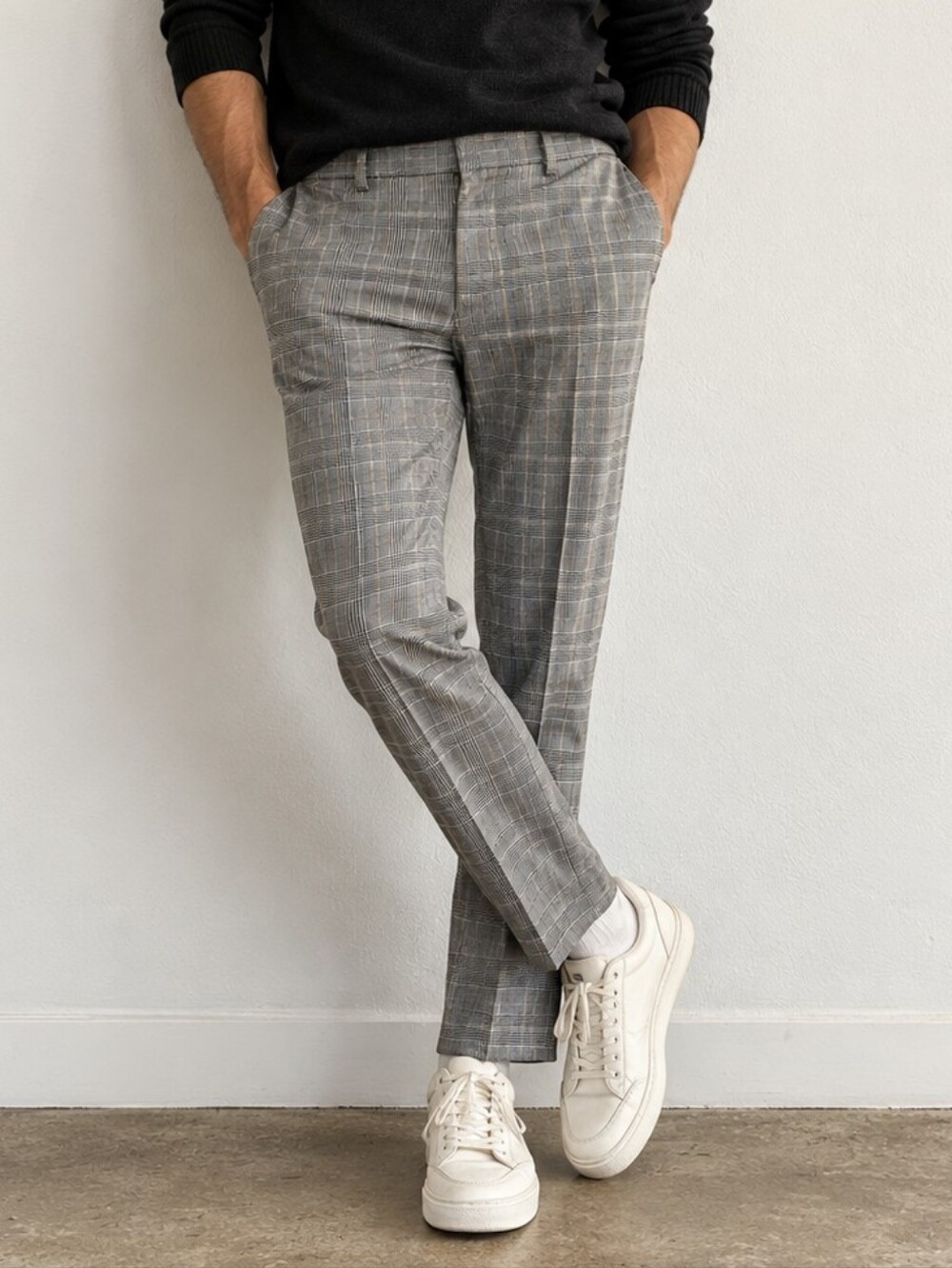 H&M Skinny Fit Glen Plaid Dress Pants 34R Gray Cream Stretch Trousers